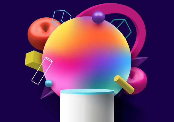 三维逼真的白色和蓝色圆柱体裙台平台与彩色圆形背景图片下载