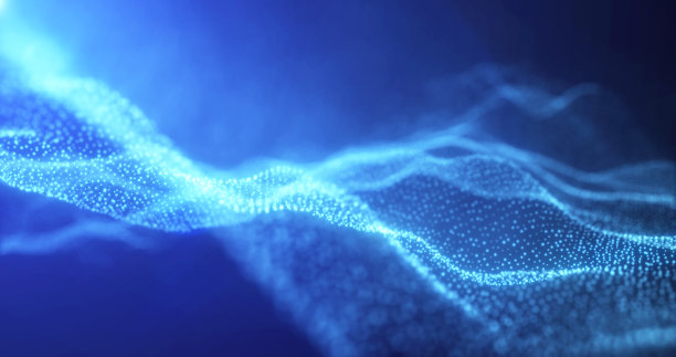 抽象波从粒子和线条的蓝色未来主义美丽飞行发光的神奇能量与阳光和模糊效果。抽象的背景图片下载