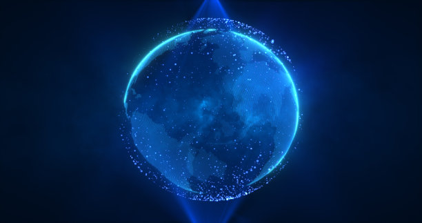 抽象的蓝色星球地球旋转与未来高科技粒子明亮发光的神奇能量，抽象的背景图片下载