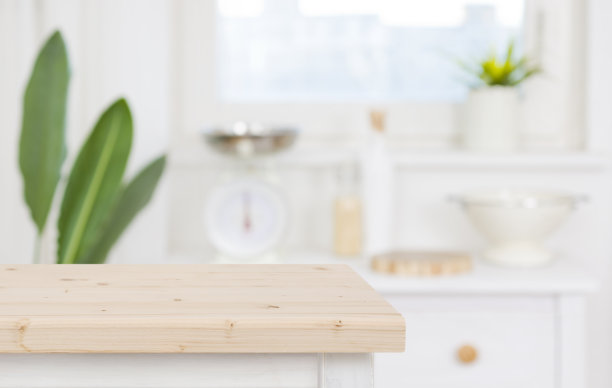桌面模糊厨房柜台背景的产品展示图片下载