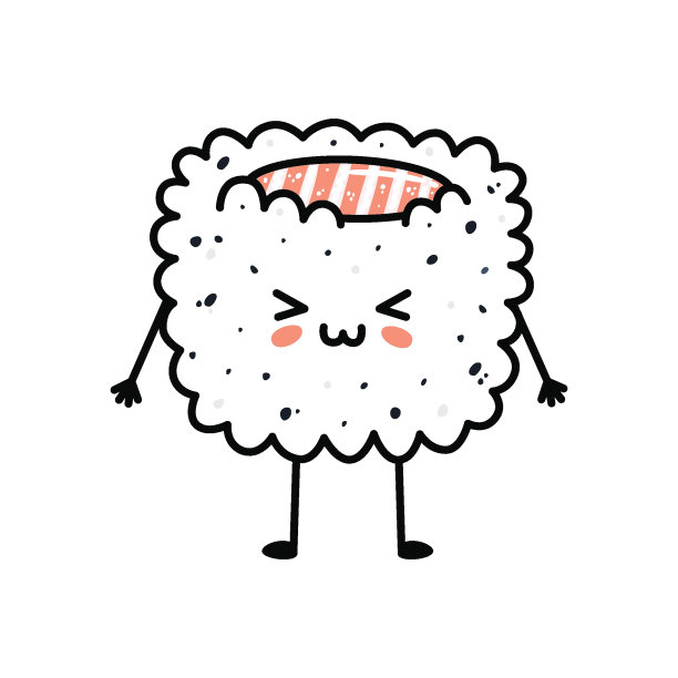 卡通风格的卡哇伊寿司吉祥物。可爱的uramaki鲑鱼菜单。图片下载