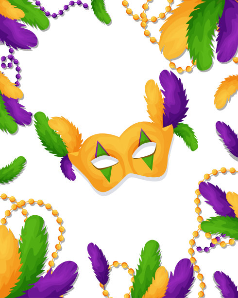 狂欢节模板的明信片，横幅，邀请。带有羽毛和珠子的狂欢节面具。矢量图图片下载