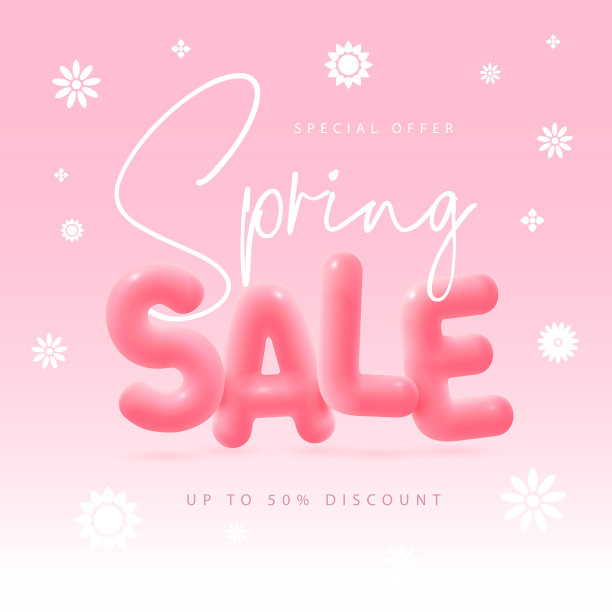 春季大卖排版海报与简单的白色花朵和粉色背景上的3D文字。矢量图图片下载