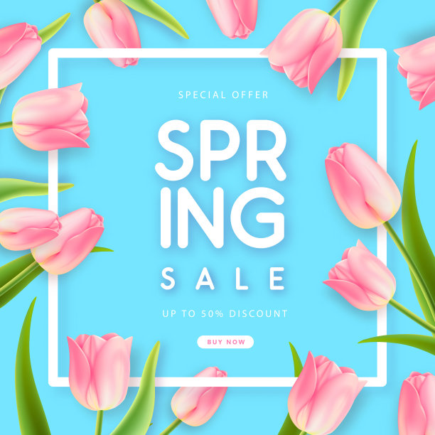 春季大甩卖海报与现实充分开花郁金香在蓝色背景。矢量图图片下载