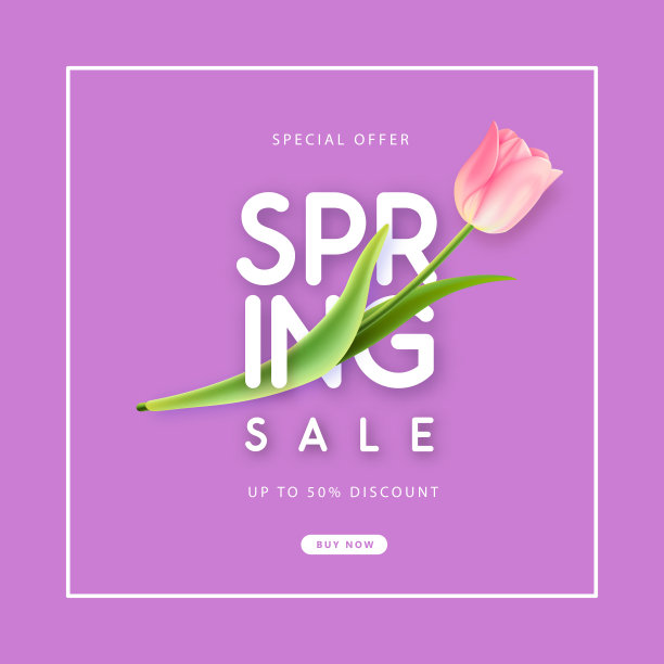 春季大甩卖海报与现实的盛开郁金香在紫色的背景。矢量图图片下载