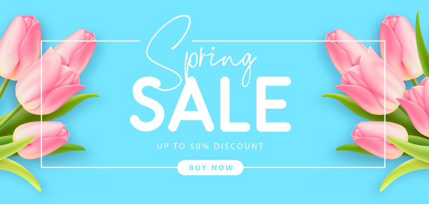 春季大甩卖海报与现实充分开花郁金香在蓝色背景。矢量图图片下载