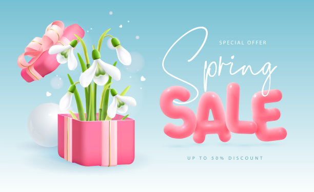 春季大甩卖海报与现实充分开花雪花莲，礼盒和3d文字在蓝色背景。矢量图图片下载