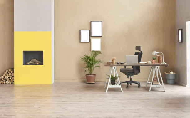 现代家居室内在男人家办公室和书房书桌笔记本电脑壁炉架植物花。图片下载