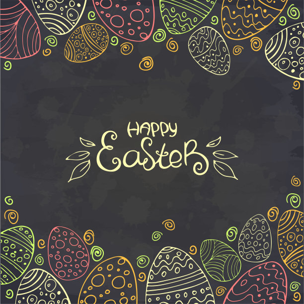 手绘框架复活节彩蛋涂鸦装饰在黑板上。向量。卡通蛋画。春节贺卡。图片下载