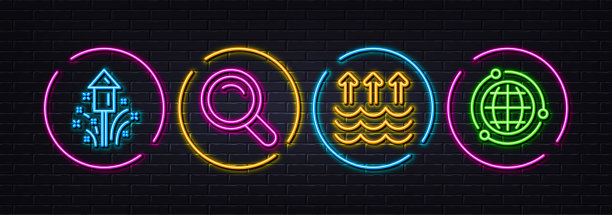 搜索，烟花和蒸发最小线图标。对于web应用，打印。霓虹灯激光3d灯。向量图片下载