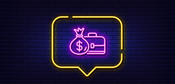 商业案例线图标。作品集和薪水。霓虹灯语音泡。矢量图片下载