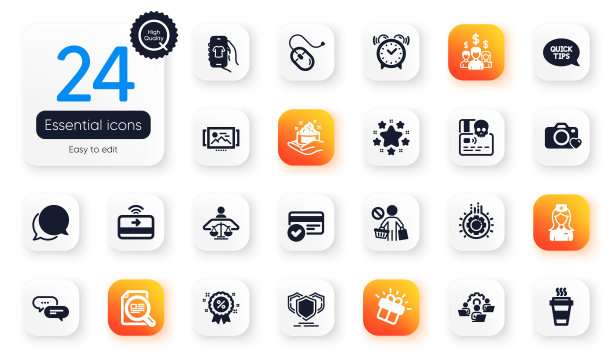 Business平面图标集。快速入门指南，照片相机和网络攻击元素的web应用程序。向量图片下载
