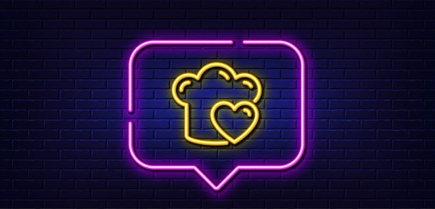 烹饪帽子线条图标。厨师标志。食物准备。霓虹灯语音泡泡。矢量图片下载