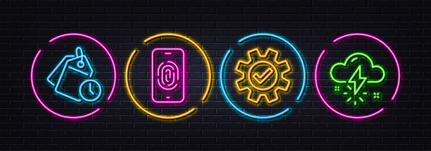 服务，指纹和时间管理最小的行图标。对于web应用，打印。霓虹灯激光3d光矢量图片下载