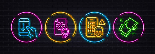 向下滚动，网络攻击和狗证书最小行图标。对于web应用程序，打印矢量图片下载