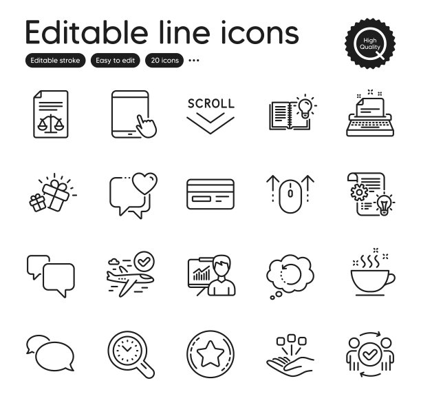 业务大纲图标集。包含图标，如信用卡，礼物和心脏元素。网站，应用。向量图片下载