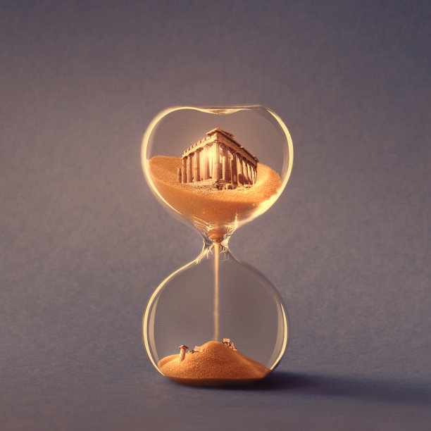 沙漏，又称沙漏或沙漏计时器，金色的蓝色纸背景。图片下载