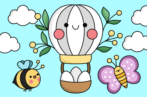 矢量卡哇伊复活节场景与热气球和鸡蛋在天空。春季卡通插画。可爱的风景与蝴蝶和蜜蜂的孩子图片下载