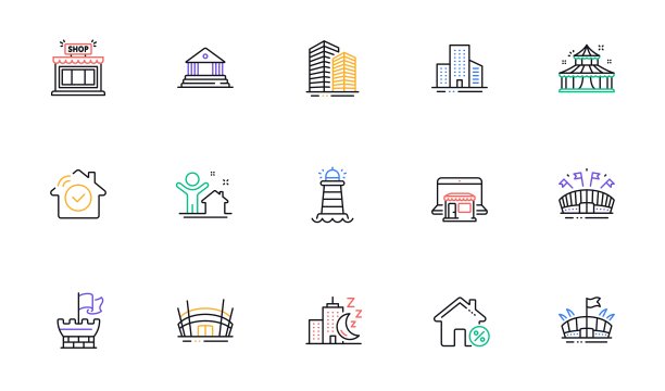 盾牌，摩天大楼建筑和法院建筑线图标的网站，印刷。为设计。向量图片下载