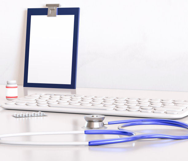 医学概念与听诊器，药瓶，医疗报告剪贴板和复制空间。图片下载