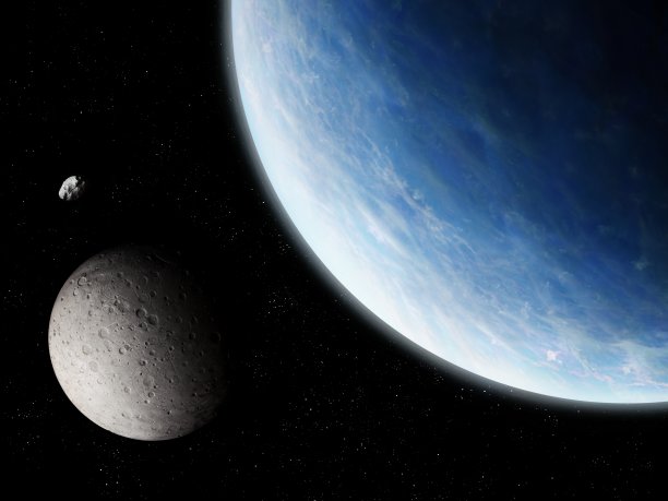 比较行星、月球和大型小行星的大小。图片下载