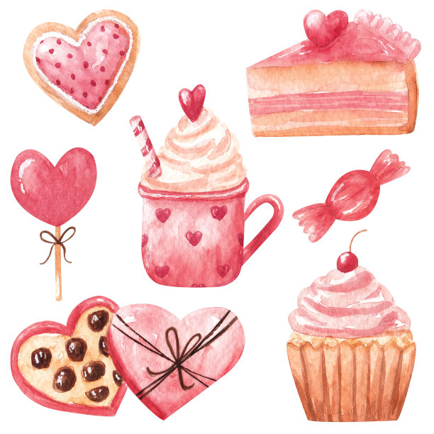 手绘水彩糖果巧克力糖果，蛋糕，纸杯蛋糕，棒棒糖，马克杯与可可和鲜奶油，饼干。情人节的水彩画剪贴画图片下载