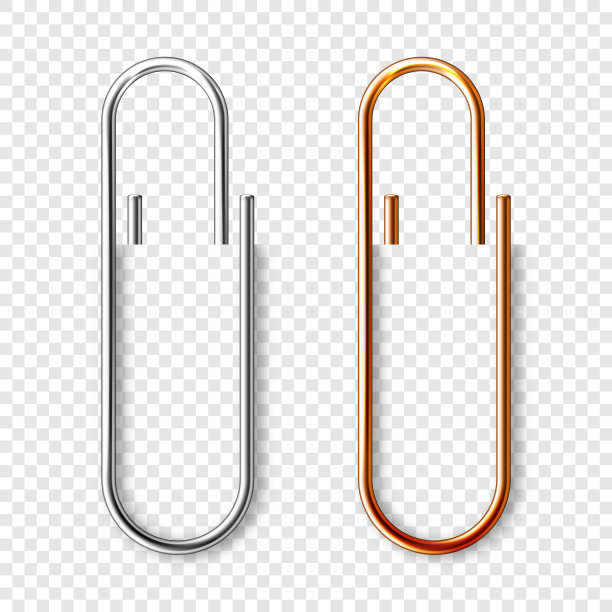 真实的铜和钢曲别针附着在纸上。闪亮的金属回形针，页夹，活页夹。办公用品。矢量图图片下载