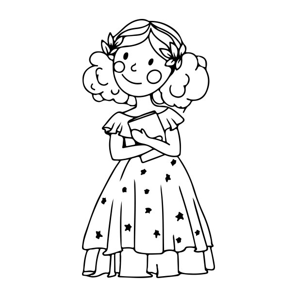 穿着舞会礼服的可爱公主，魔法服装女孩填色书，中世纪矢量插画（白色背景）图片下载