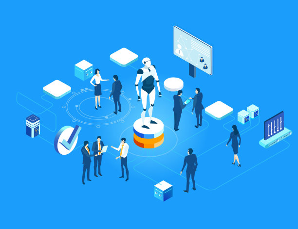 等距3D商业环境。商务人士在大机器人旁边一起工作。火箭准备发射。技术、成功、数据保护和个人安全信息图图片下载