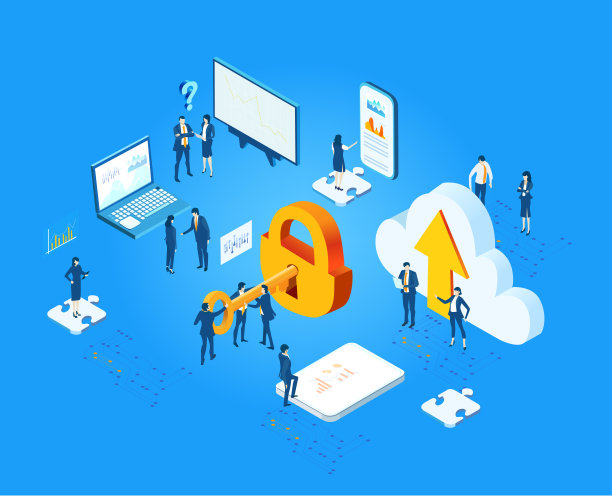 等距3D商业环境。商业管理。等距空间，商务人士与金锁一起工作。技术、成功、数据保护和个人安全信息图图片下载