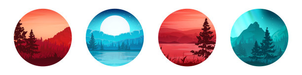 色彩丰富的野生自然景观，全景与山，丘陵和森林。旅行、冒险、露营、野生动物。针叶树、灌木和草。矢量图图片下载