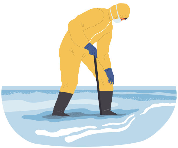 穿着防护服的科学家收集水的样本。人们分析海洋的状态图片下载