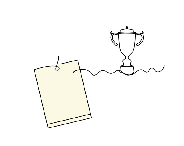 抽象彩色纸与回形针和奖杯作为线画在白色为背景图片下载