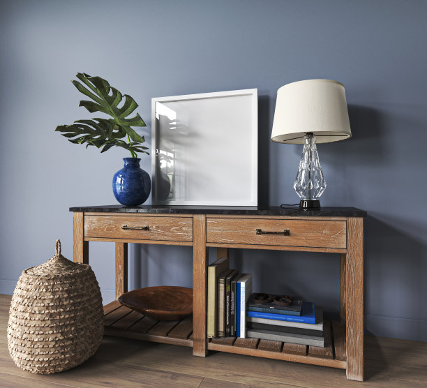 农舍客厅内部的模型框架。蓝色墙壁和木制控制台。复古装饰与绿色植物在花瓶。3 d渲染。高质量3d插图图片下载