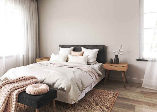 卧室室内模型在波西米亚风格，木地板和桌子。床上有白色的毯子，粉红色的枕头和垫子在空墙上模拟背景。3 d渲染。高质量3d插图图片下载