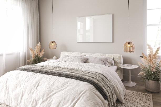 斯堪的纳维亚农舍卧室内饰。墙模型。床上有浅色的白色被褥。干燥的植物。3 d渲染。高质量3d插图图片下载