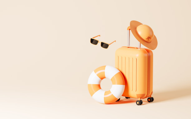 行李与帽子和游泳环在黄色背景，3d渲染。图片下载