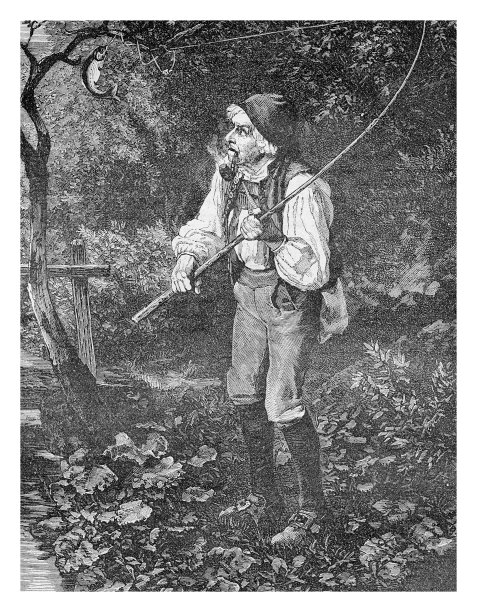 渔夫用鱼竿钓在树枝上，雕刻自十九世纪图片下载