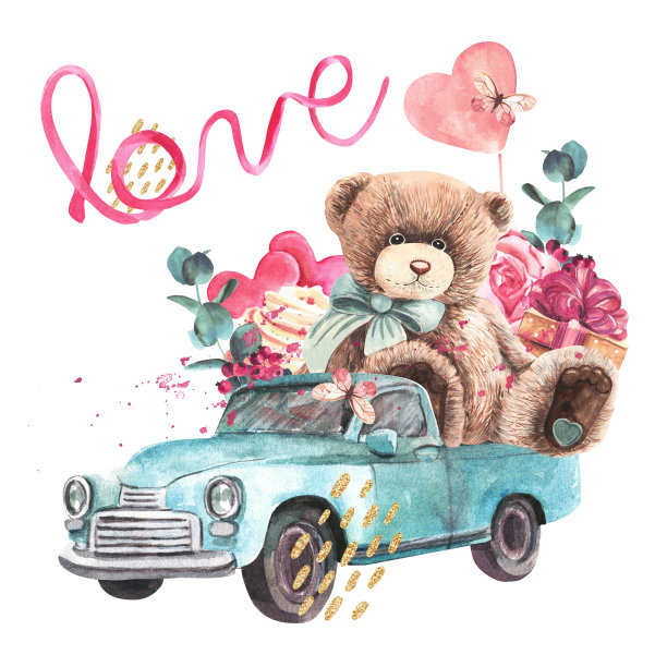 情人节的浪漫作文。可爱的泰迪熊在一辆汽车上，还有爱心和礼物。水彩插图图片下载