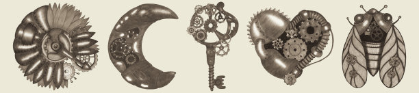 由彩色铅笔绘制的蒸汽朋克元素集。图片下载