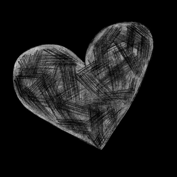 用铅笔画的黑白心。心形孤立在黑色背景上。图片下载