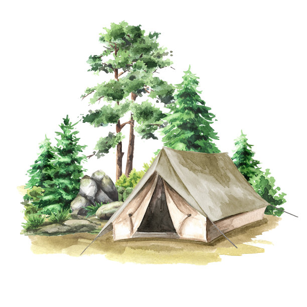 露营地附近的徒步帐篷手绘水彩插画孤立在白色背景上图片下载