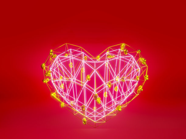 情人节快乐，3D粒子霓虹灯心。爱情浪漫的概念。心脏符号。3D渲染。图片下载
