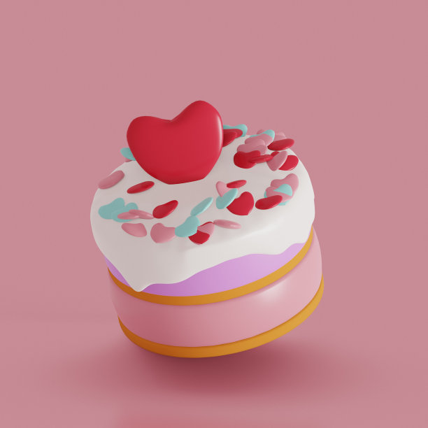 甜食偶像。有心形糖果和糖屑的蛋糕。三维渲染图片下载