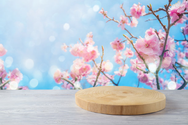 在樱花背景下的木桌上放着空木头。春季和复活节模拟设计和产品展示图片下载