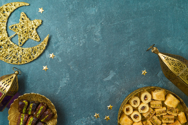 斋月kareem节日背景与干枣，斋月糖果和装饰。俯视图，平面布局图片下载