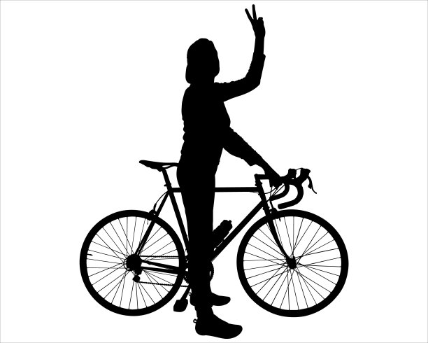 女孩站在自行车旁边，她的手显示出“和平”的手势。一个女人单手拿着一辆自行车，她做了一个胜利的手势。侧视图，侧面。黑色女性剪影孤立在白色上图片下载