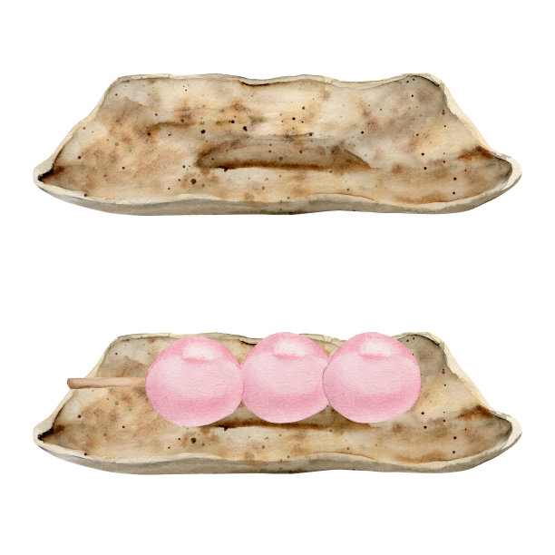 水彩手绘的日本传统糖果。陶瓷盘带党果。孤立在白色背景上。设计邀请函，餐厅菜单，贺卡，印刷，纺织图片下载