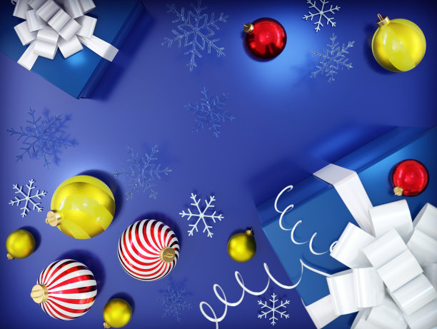 礼品盒和圣诞装饰品。圣诞卡片，3D渲染。带有复制空间的俯视图。图片下载