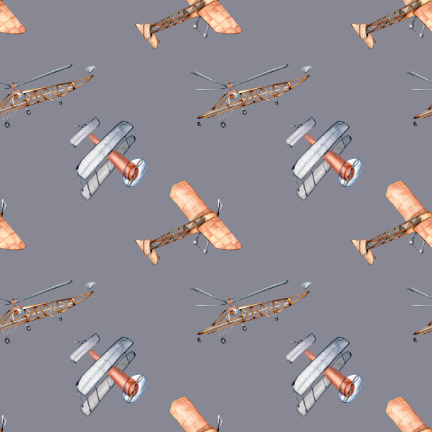 复古飞机复古风格水彩插图无缝模式隔离图片下载